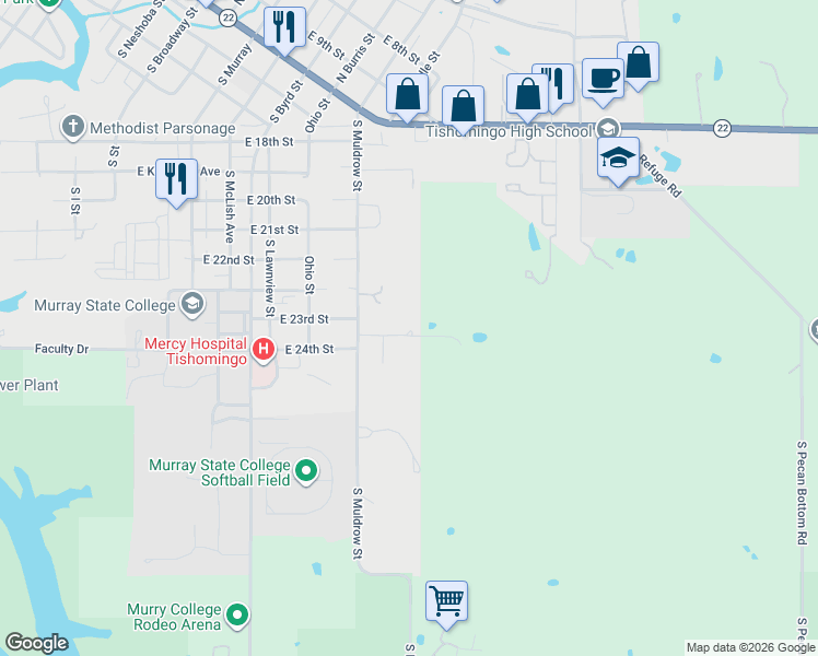 map of restaurants, bars, coffee shops, grocery stores, and more near 805 Harkey Lane in Tishomingo