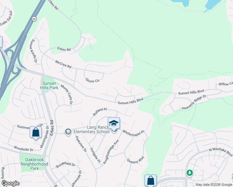 map of restaurants, bars, coffee shops, grocery stores, and more near 3249 Springbrook Street in Thousand Oaks