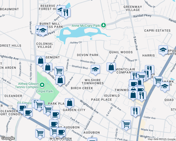 map of restaurants, bars, coffee shops, grocery stores, and more near 3626 Stratford Boulevard in Wilmington
