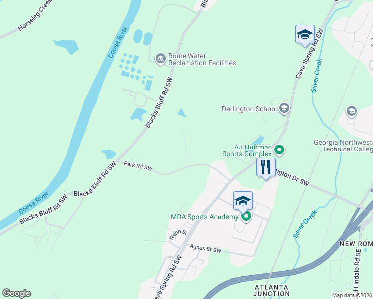 map of restaurants, bars, coffee shops, grocery stores, and more near 44 Marvin Crowe Drive Southwest in Rome