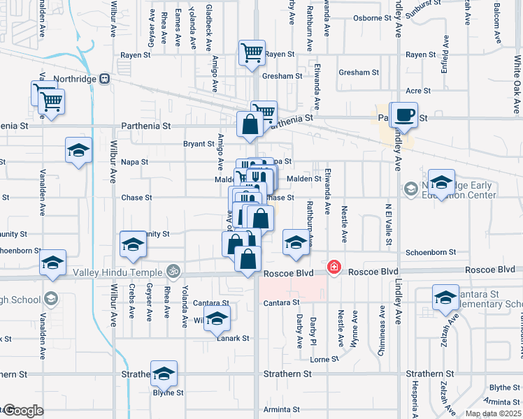 map of restaurants, bars, coffee shops, grocery stores, and more near 8448 Reseda Boulevard in Los Angeles