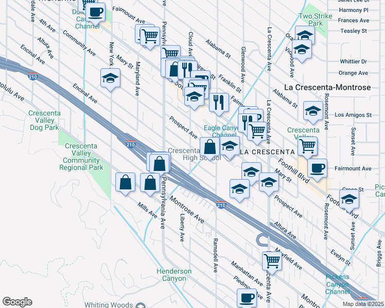 map of restaurants, bars, coffee shops, grocery stores, and more near 4308 Cloud Avenue in La Crescenta-Montrose