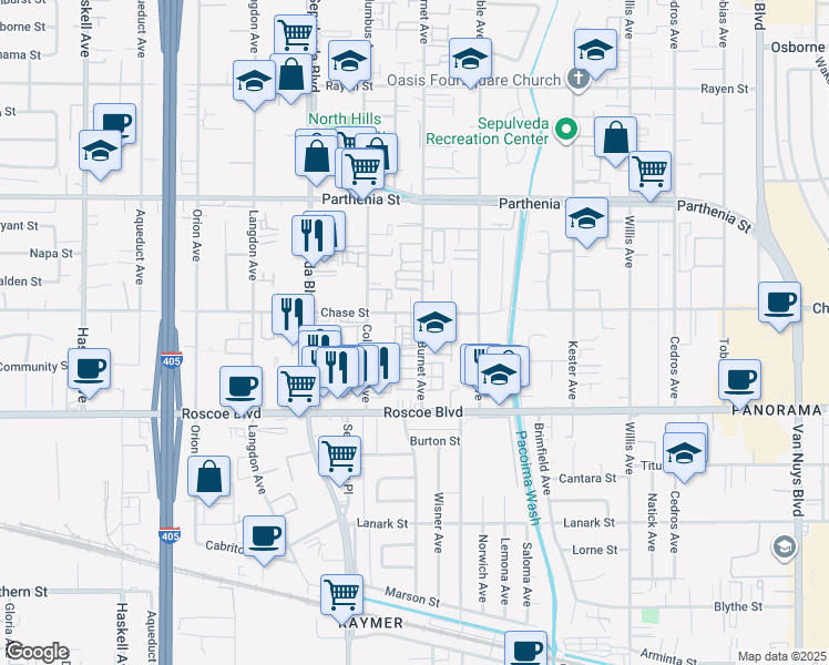map of restaurants, bars, coffee shops, grocery stores, and more near 8435 Burnet Avenue in Los Angeles