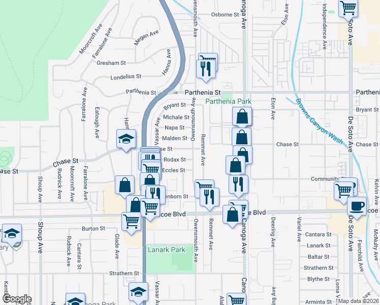 map of restaurants, bars, coffee shops, grocery stores, and more near 21708 Chase Street in Los Angeles