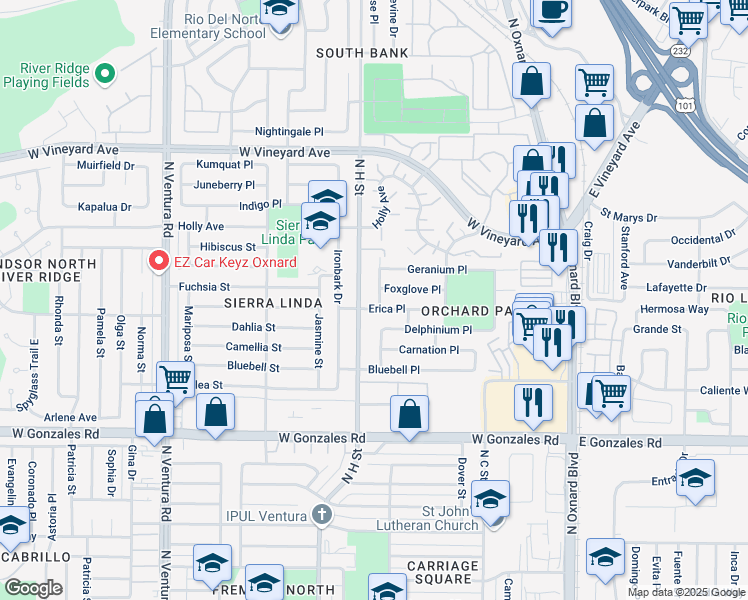 map of restaurants, bars, coffee shops, grocery stores, and more near 2131 Hyacinth Drive in Oxnard