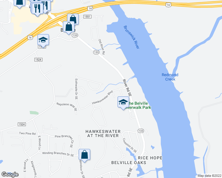 map of restaurants, bars, coffee shops, grocery stores, and more near 10238 Hawkeswater Boulevard in Leland