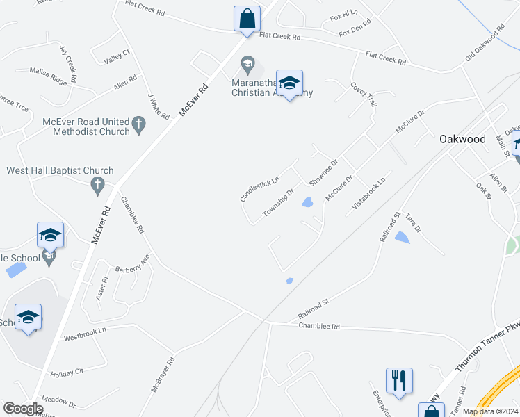 map of restaurants, bars, coffee shops, grocery stores, and more near 4446 Township Drive in Oakwood