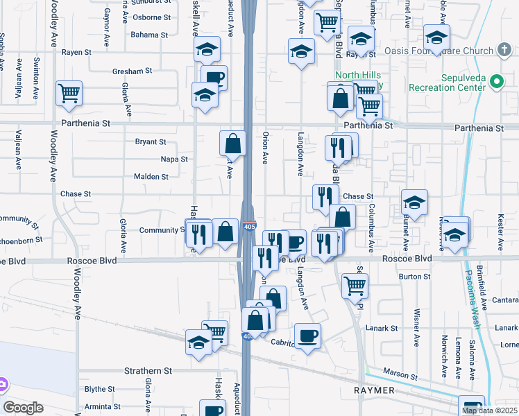 map of restaurants, bars, coffee shops, grocery stores, and more near 8437 Orion Ave in Los Angeles