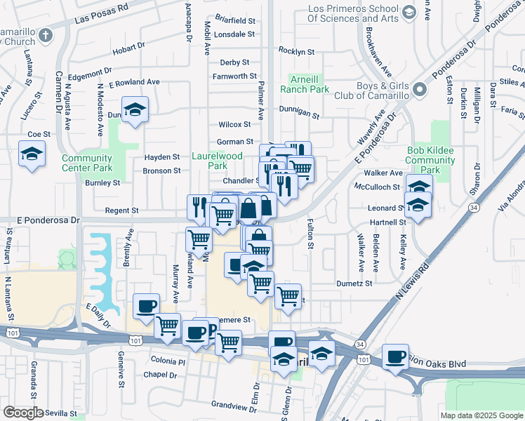 map of restaurants, bars, coffee shops, grocery stores, and more near 679 Arneill Road in Camarillo