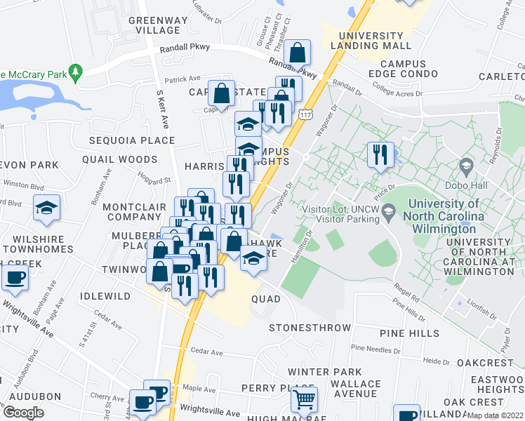 map of restaurants, bars, coffee shops, grocery stores, and more near Cross City Trail in Wilmington