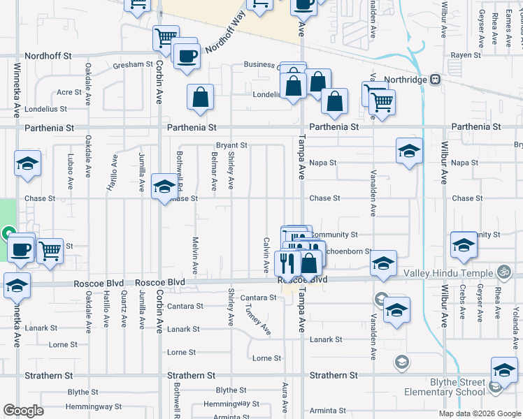 map of restaurants, bars, coffee shops, grocery stores, and more near 8450 Calvin Avenue in Los Angeles