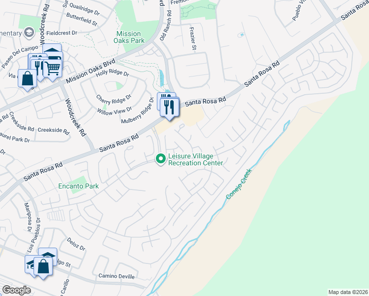 map of restaurants, bars, coffee shops, grocery stores, and more near 15109 Village 15 in Camarillo