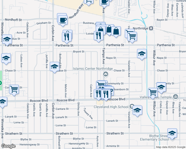 map of restaurants, bars, coffee shops, grocery stores, and more near 8450 Calvin Avenue in Los Angeles