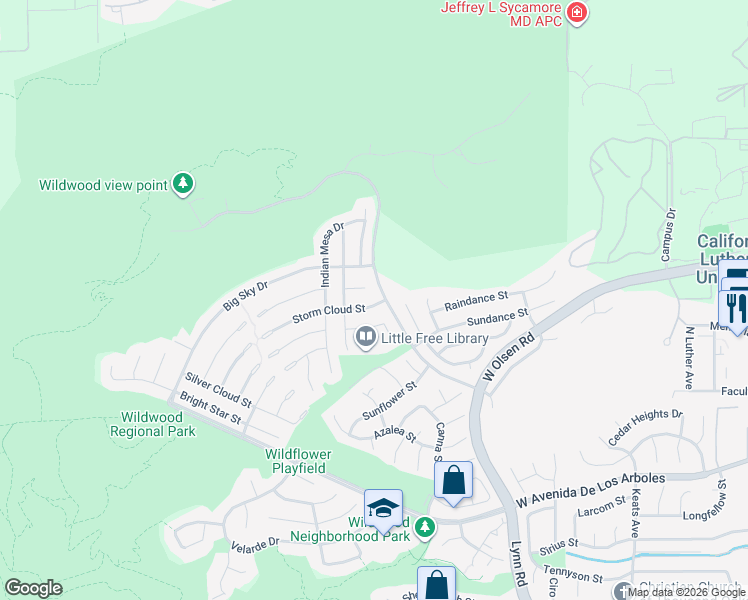 map of restaurants, bars, coffee shops, grocery stores, and more near 3535 Storm Cloud Street in Thousand Oaks