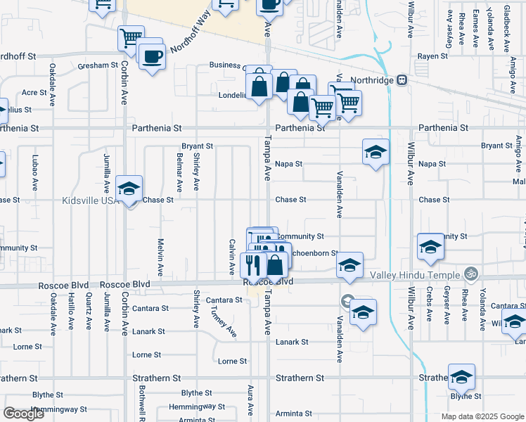 map of restaurants, bars, coffee shops, grocery stores, and more near 8447 Tampa Avenue in Los Angeles