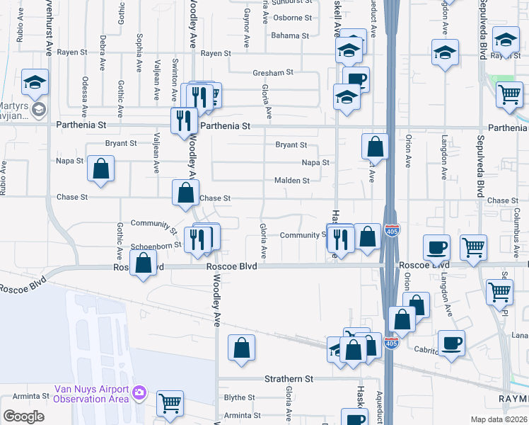 map of restaurants, bars, coffee shops, grocery stores, and more near 8438 Gloria Avenue in Los Angeles