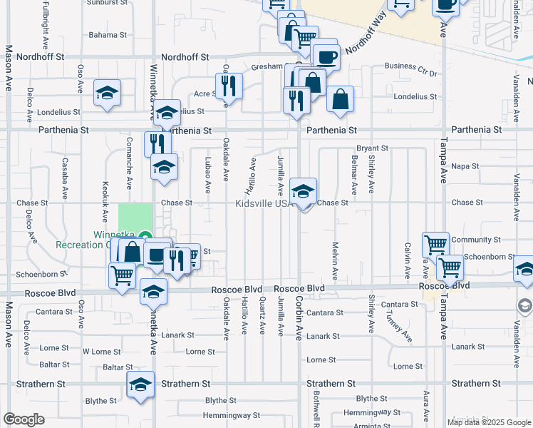 map of restaurants, bars, coffee shops, grocery stores, and more near 8460 Quartz Avenue in Los Angeles