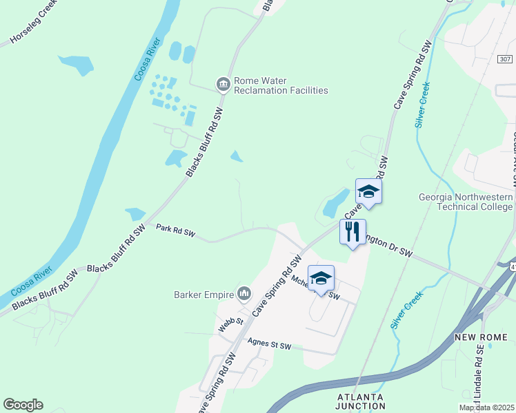 map of restaurants, bars, coffee shops, grocery stores, and more near 44 Marvin Crowe Drive Southwest in Rome