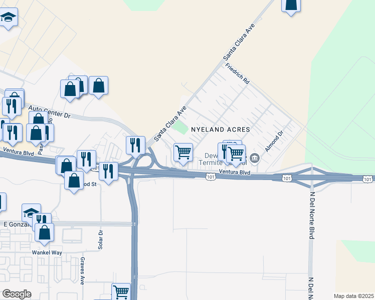 map of restaurants, bars, coffee shops, grocery stores, and more near 3281 Nyeland Avenue in Oxnard