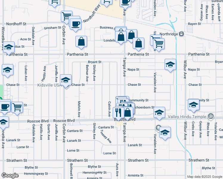 map of restaurants, bars, coffee shops, grocery stores, and more near 8450 Calvin Avenue in Los Angeles