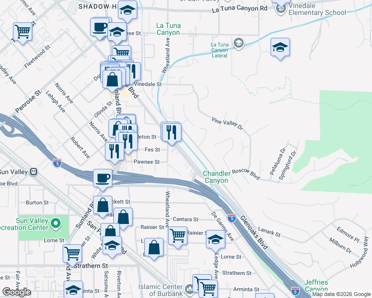 map of restaurants, bars, coffee shops, grocery stores, and more near 8450 Glenoaks Boulevard in Los Angeles