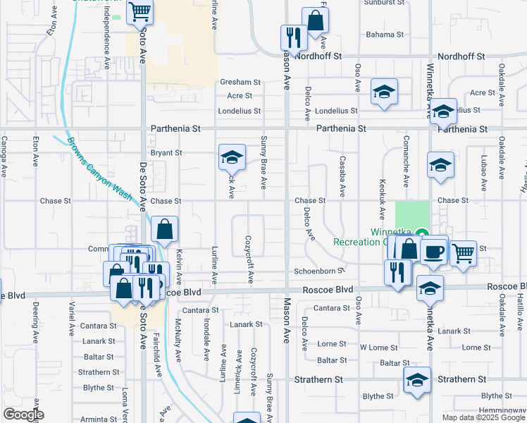 map of restaurants, bars, coffee shops, grocery stores, and more near 20541 Rodax Street in Los Angeles
