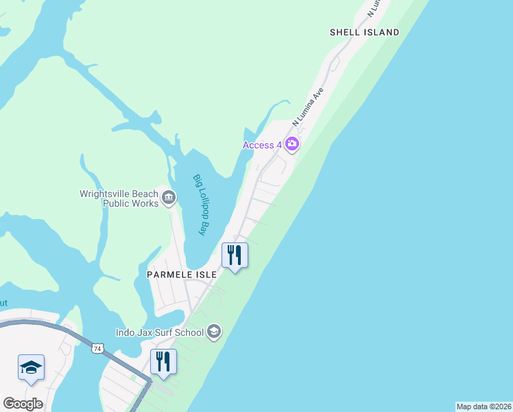 map of restaurants, bars, coffee shops, grocery stores, and more near 4 Sand Dollar Lane in Wrightsville Beach