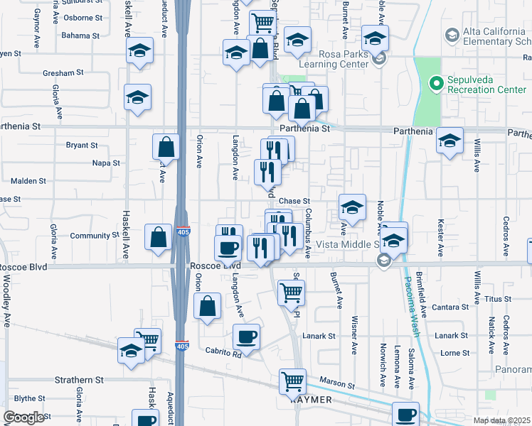 map of restaurants, bars, coffee shops, grocery stores, and more near 8441 Sepulveda Boulevard in Los Angeles
