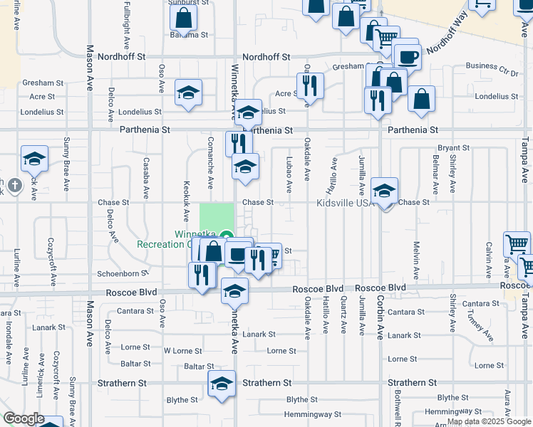 map of restaurants, bars, coffee shops, grocery stores, and more near 8467 Penfield Avenue in Los Angeles