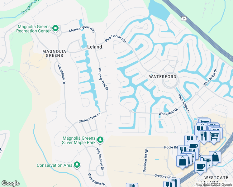 map of restaurants, bars, coffee shops, grocery stores, and more near 2019 Woodwind Dr in Leland