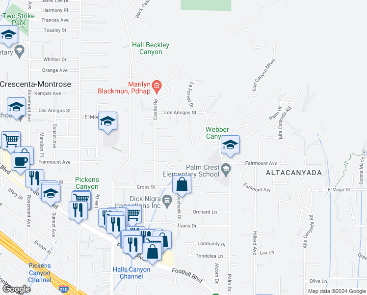 map of restaurants, bars, coffee shops, grocery stores, and more near 2055 Sunnybank Drive in La Cañada Flintridge
