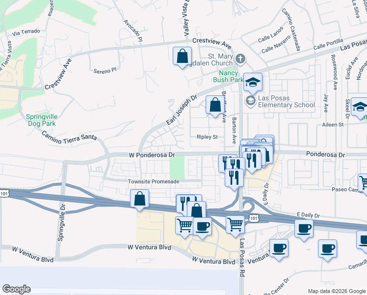 map of restaurants, bars, coffee shops, grocery stores, and more near 206 Camino Cortina in Camarillo