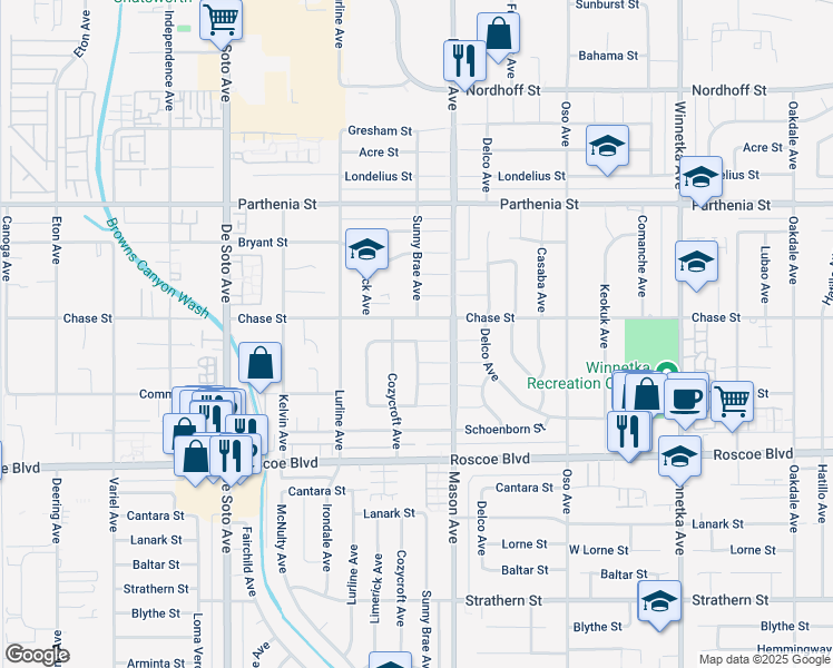 map of restaurants, bars, coffee shops, grocery stores, and more near 20541 Rodax Street in Los Angeles