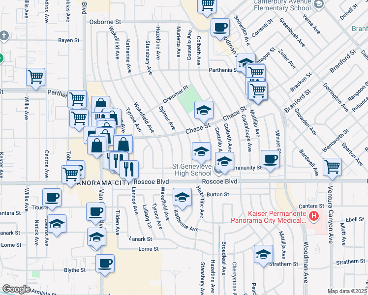 map of restaurants, bars, coffee shops, grocery stores, and more near 8416 Sylmar Avenue in Los Angeles