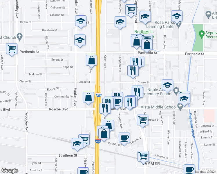 map of restaurants, bars, coffee shops, grocery stores, and more near 15546 Chase Street in Los Angeles