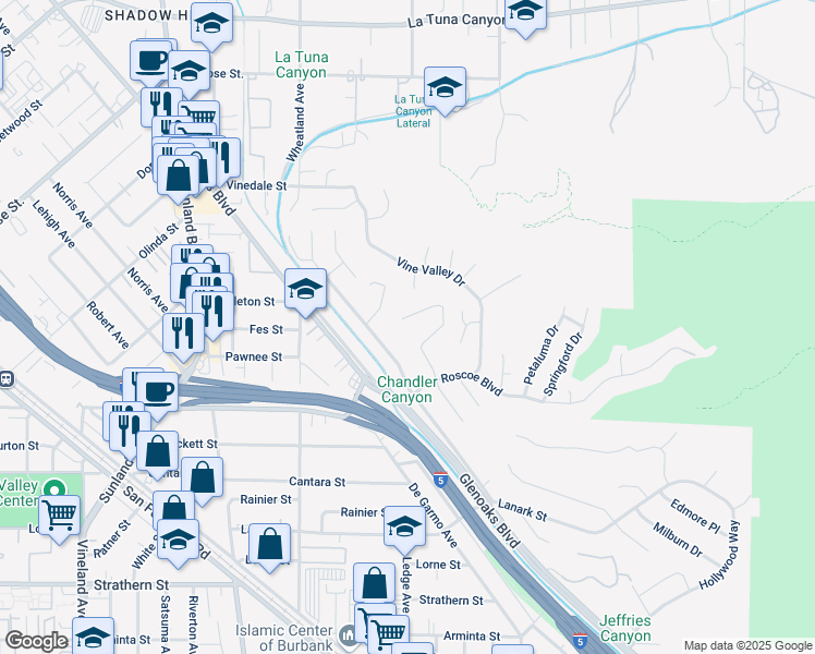 map of restaurants, bars, coffee shops, grocery stores, and more near 8547 Outland View Drive in Los Angeles
