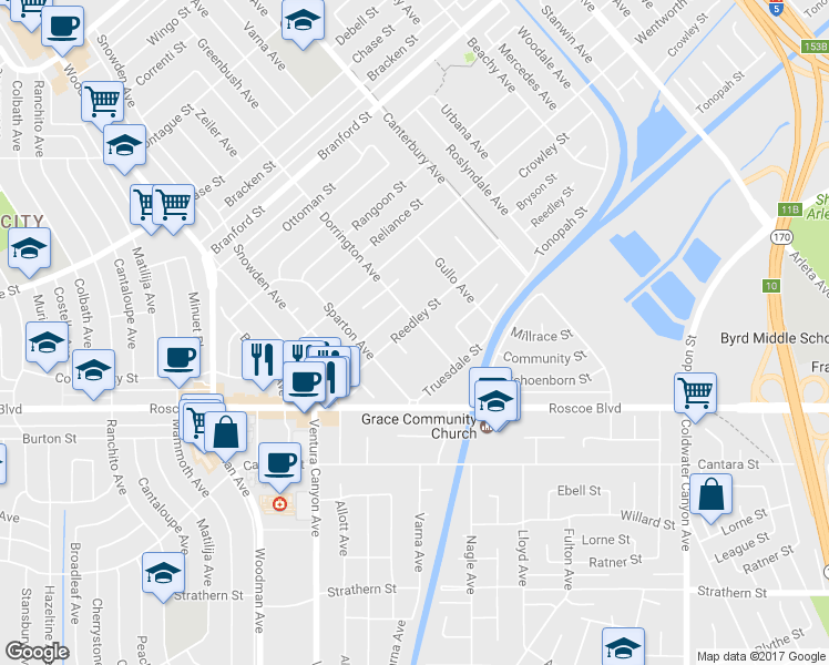 map of restaurants, bars, coffee shops, grocery stores, and more near 13408 Reedley Street in Los Angeles