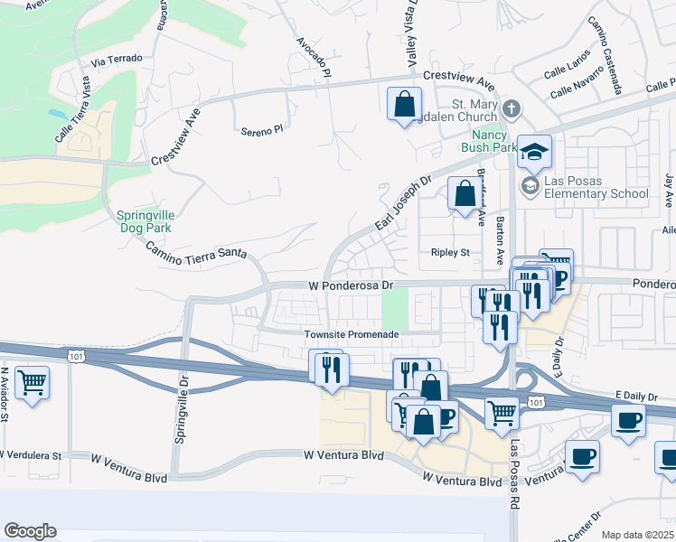 map of restaurants, bars, coffee shops, grocery stores, and more near 296 Camino Cortina in Camarillo