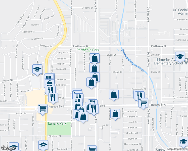 map of restaurants, bars, coffee shops, grocery stores, and more near 8463 Canoga Avenue in Los Angeles