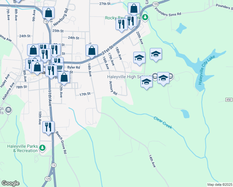 map of restaurants, bars, coffee shops, grocery stores, and more near 1802 Armory Road in Haleyville