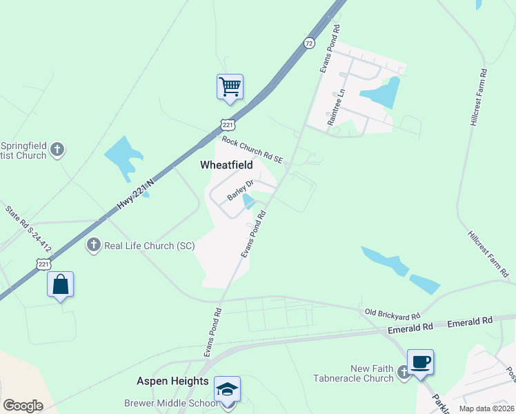 map of restaurants, bars, coffee shops, grocery stores, and more near 103 Wheatfield Drive in Greenwood