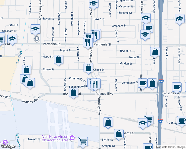 map of restaurants, bars, coffee shops, grocery stores, and more near 16146 Columbus Lane in Los Angeles
