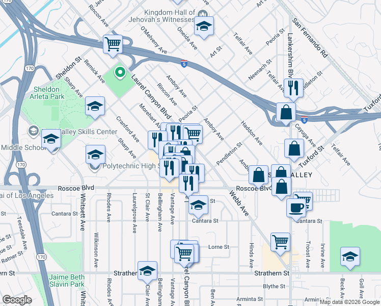 map of restaurants, bars, coffee shops, grocery stores, and more near 63714 Laurel Canyon Boulevard in Los Angeles