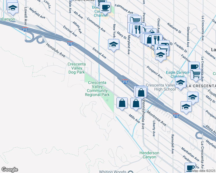 map of restaurants, bars, coffee shops, grocery stores, and more near 3431 Honolulu Avenue in Glendale