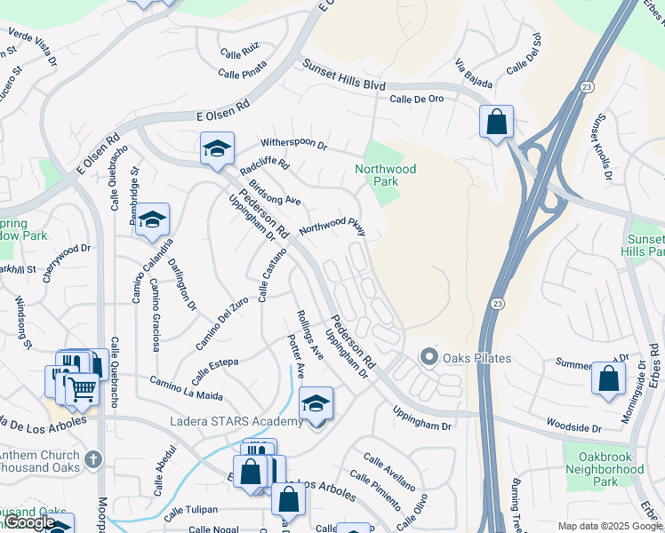 map of restaurants, bars, coffee shops, grocery stores, and more near 3264 Windflower Circle in Thousand Oaks