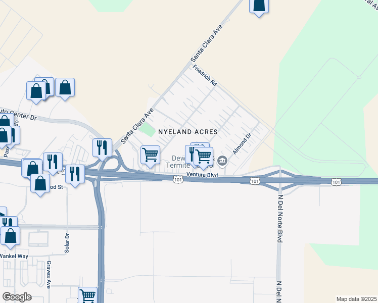 map of restaurants, bars, coffee shops, grocery stores, and more near 3395 Orange Drive in Oxnard