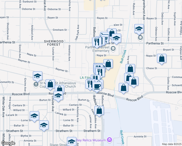 map of restaurants, bars, coffee shops, grocery stores, and more near 8427 Balboa Boulevard in Los Angeles