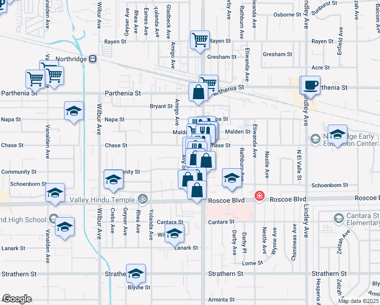 map of restaurants, bars, coffee shops, grocery stores, and more near 8438 Amigo Avenue in Los Angeles