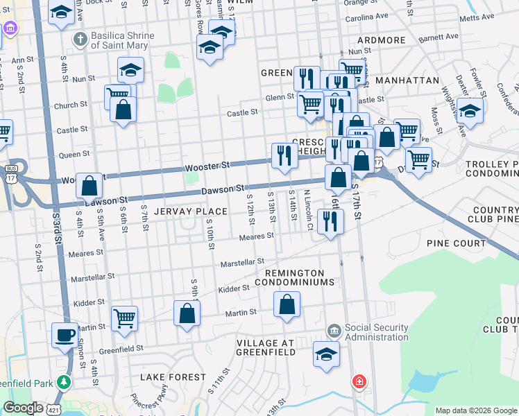 map of restaurants, bars, coffee shops, grocery stores, and more near 919 South 12th Street in Wilmington