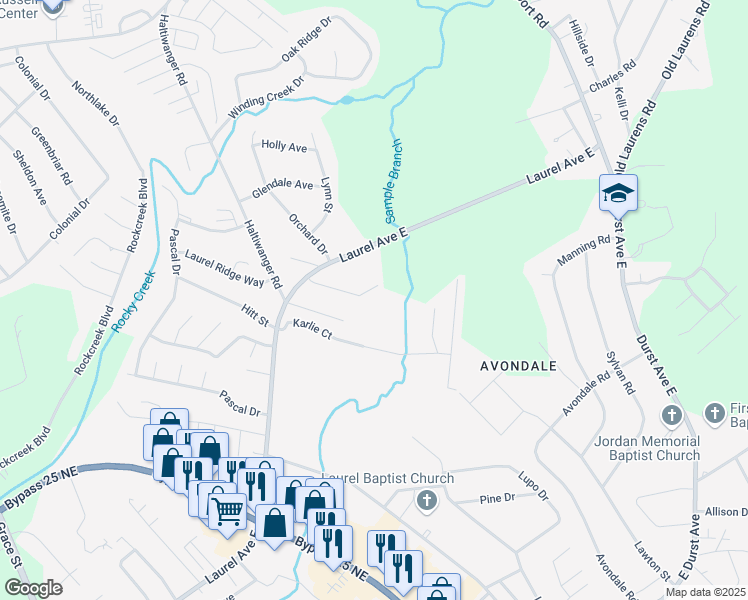 map of restaurants, bars, coffee shops, grocery stores, and more near 204 Winter Ridge Court in Greenwood